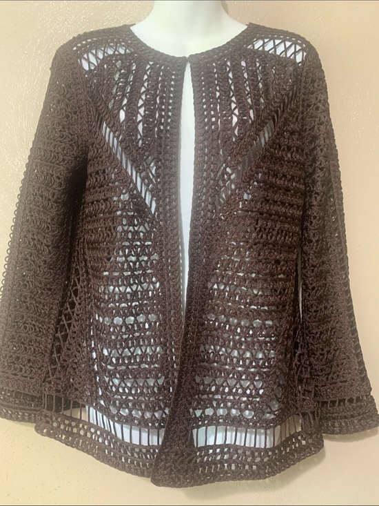 berek Sweaters - Berek size M Open-Front Crochet Cardigan Sweater - Dark Brown